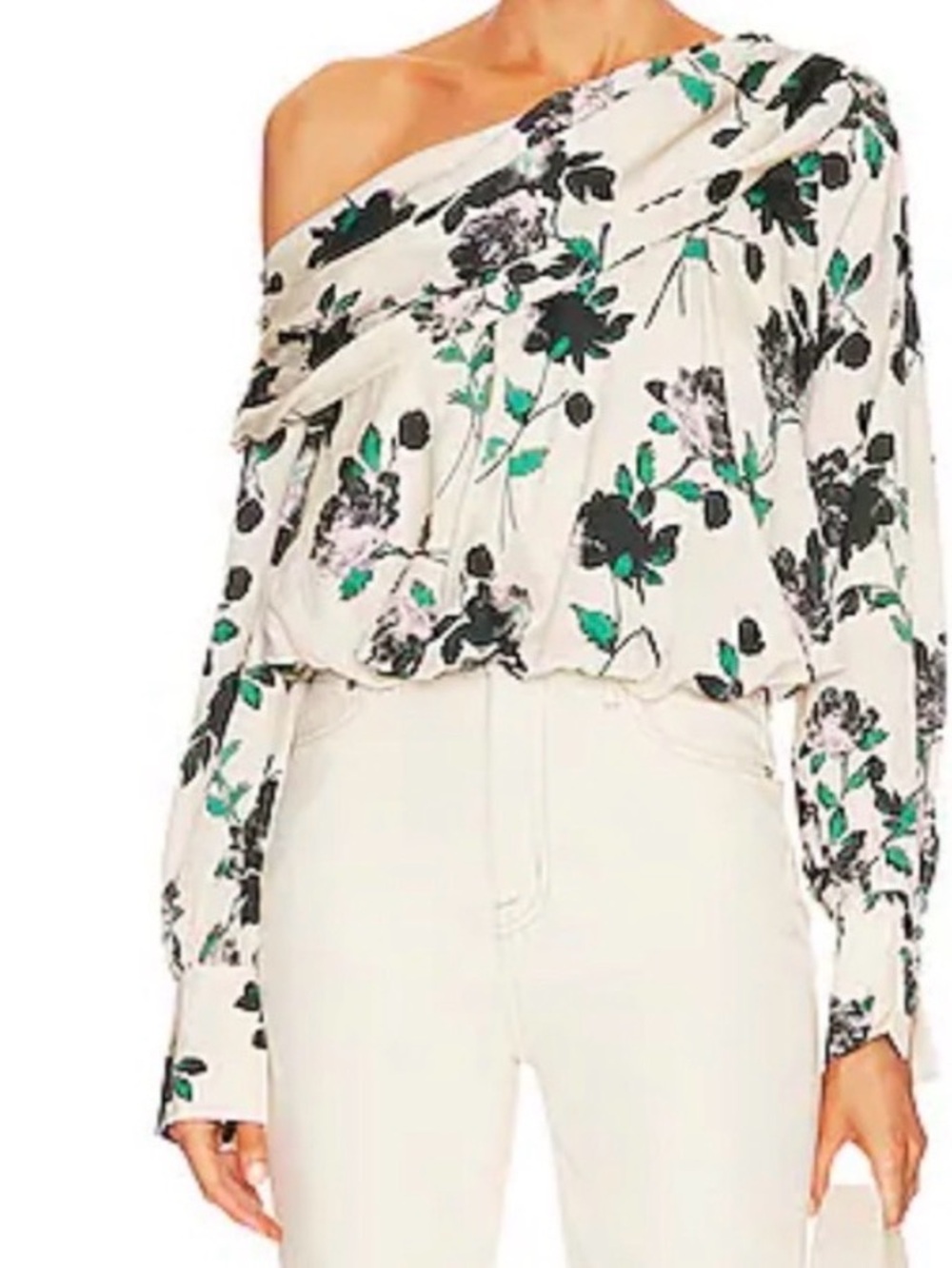 NWT FREE PEOPLE Off-Shoulder Floral Blouse in Ivory with Black & Green Print